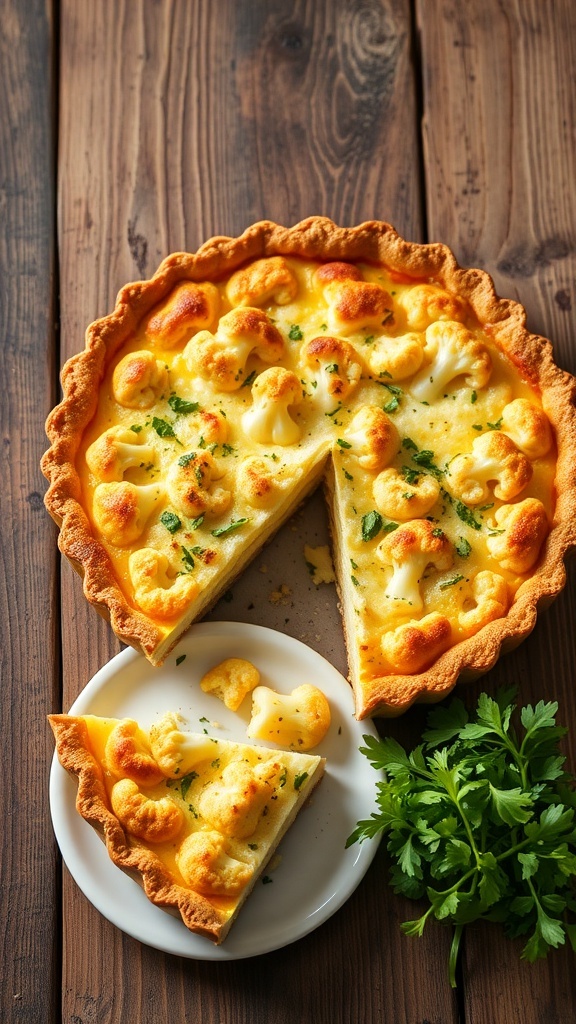 A slice of baked cauliflower quiche on a plate, showcasing the creamy filling and flaky crust, with a side salad.
